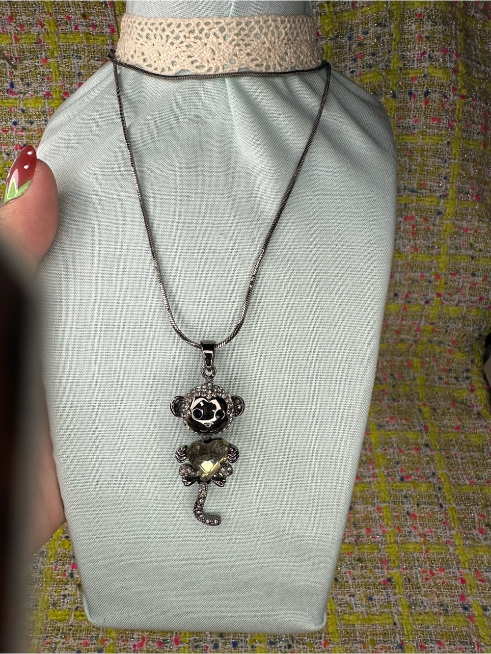 Sterling-Tone Monkey Pendant long Necklace with Pale Green Crystal